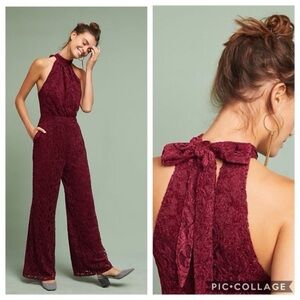 Anthropologie Ett Twa Burgundy Lace Halter Jumpsuit holiday party all over lace